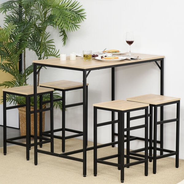 HOMCOM Set Tavolo Alto con 4 Sgabelli Stile Industriale in Metallo e Legno, Arredamento Moderno Soggiorno e Cucina, Marrone, Rovere Chiaro|Aosom Italy