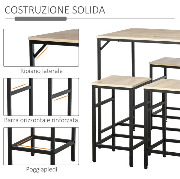 HOMCOM Set Tavolo Alto con 4 Sgabelli Stile Industriale in Metallo e Legno, Arredamento Moderno Soggiorno e Cucina, Marrone, Rovere Chiaro|Aosom Italy
