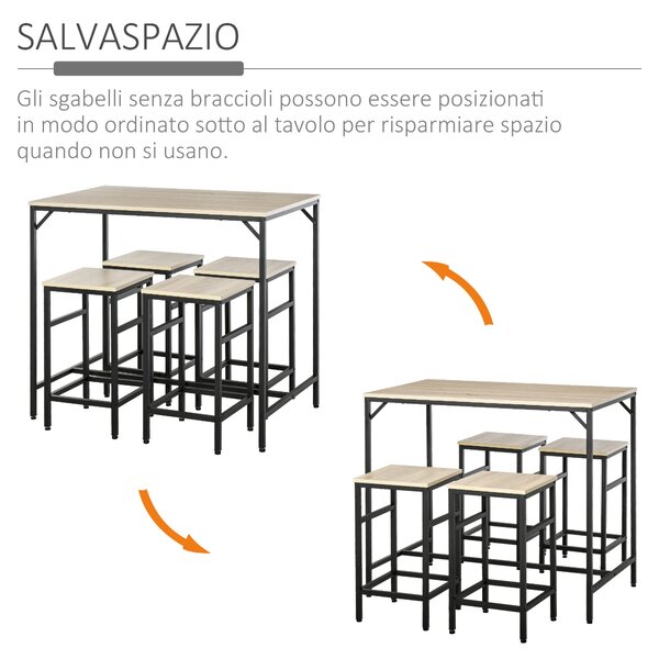 HOMCOM Set Tavolo Alto con 4 Sgabelli Stile Industriale in Metallo e Legno, Arredamento Moderno Soggiorno e Cucina, Marrone, Rovere Chiaro|Aosom Italy