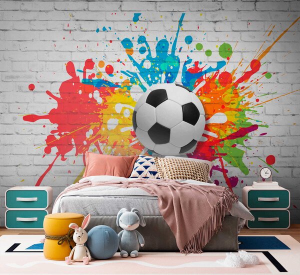 Carta da parati Pallone da calcio su un muro di mattoni, Carta da parati 3d, Carta da parati popolare, u64587 - Tapeko.it