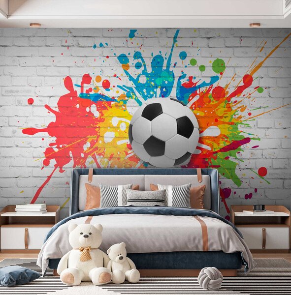 Carta da parati Pallone da calcio su un muro di mattoni, Carta da parati 3d, Carta da parati popolare, u64587 - Tapeko.it