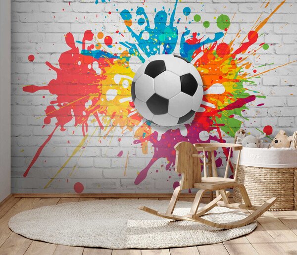 Carta da parati Pallone da calcio su un muro di mattoni, Carta da parati 3d, Carta da parati popolare, u64587 - Tapeko.it