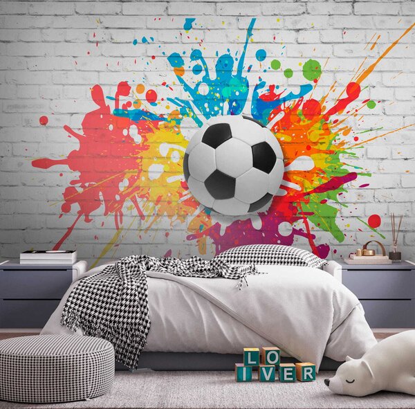 Carta da parati Pallone da calcio su un muro di mattoni, Carta da parati 3d, Carta da parati popolare, u64587 - Tapeko.it