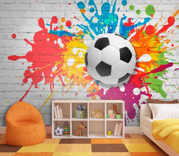 Carta da parati Pallone da calcio su un muro di mattoni, Carta da parati 3d, Carta da parati popolare, u64587 - Tapeko.it