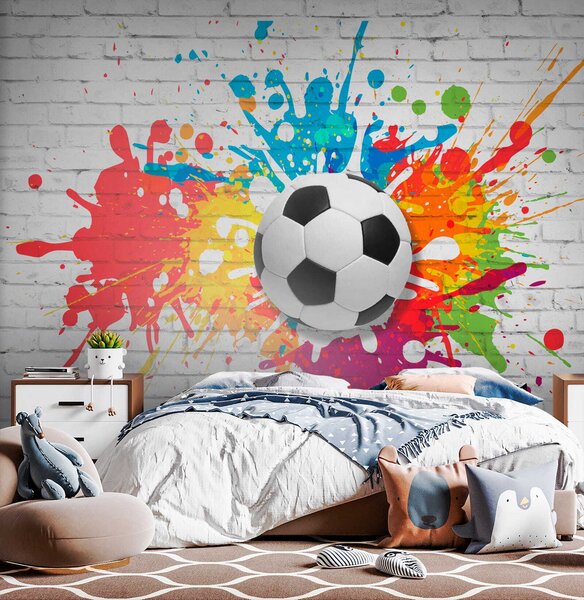 Carta da parati Pallone da calcio su un muro di mattoni, Carta da parati 3d, Carta da parati popolare, u64587 - Tapeko.it