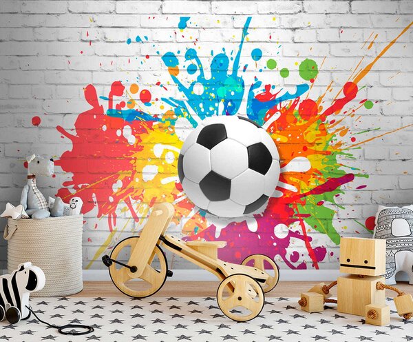 Carta da parati Pallone da calcio su un muro di mattoni, Carta da parati 3d, Carta da parati popolare, u64587 - Tapeko.it