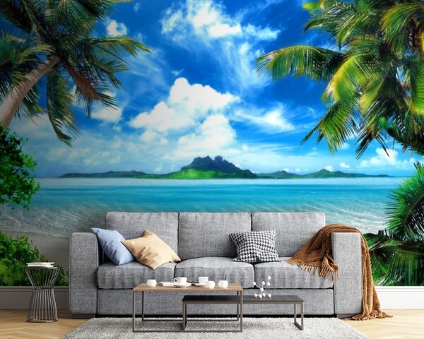 Carta da parati Spiaggia con palme e acqua blu, Carta da parati Mare, Carta da parati popolare, u64771 - Tapeko.it