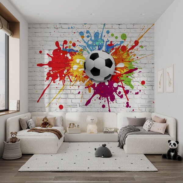 Carta da parati Pallone da calcio su un muro di mattoni, Carta da parati 3d, Carta da parati popolare, u64587 - Tapeko.it