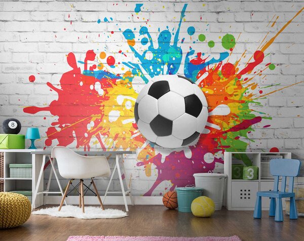 Carta da parati Pallone da calcio su un muro di mattoni, Carta da parati 3d, Carta da parati popolare, u64587 - Tapeko.it