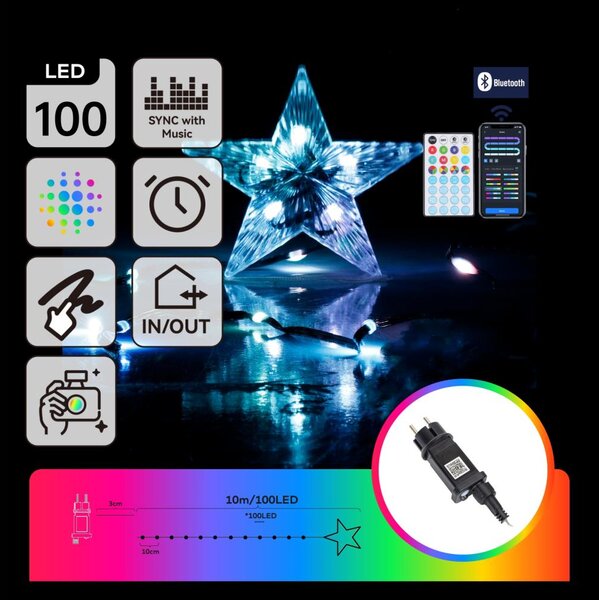 Aigostar - Catena luminosa LED RGBICW per esterni, 100 LED, 10 W, 230 V, 10 m, IP44, con telecomando