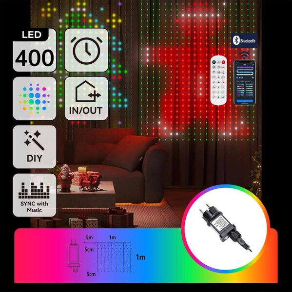 Aigostar - Catena luminosa decorativa LED RGBY 400 LED/15W/230V 1x1m IP44 + telecomando incluso
