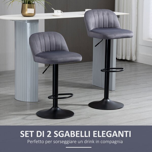 HOMCOM Set 2 Sgabelli da cucina con Schienale e Poggiapiedi, Girevoli con Altezza Regolabile, imbottitura e rivestimento velluto Grigio |Aosom Italy