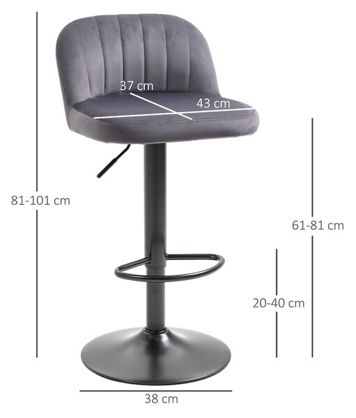 HOMCOM Set 2 Sgabelli da cucina con Schienale e Poggiapiedi, Girevoli con Altezza Regolabile, imbottitura e rivestimento velluto Grigio |Aosom Italy