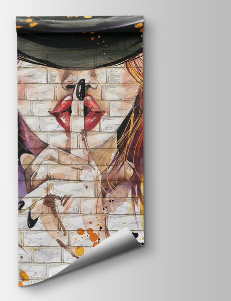 Carta da parati Pittura di una donna con cappello, Carta da parati acquerello sul muro, Carta da parati popolare, u67648 - Tapeko.it