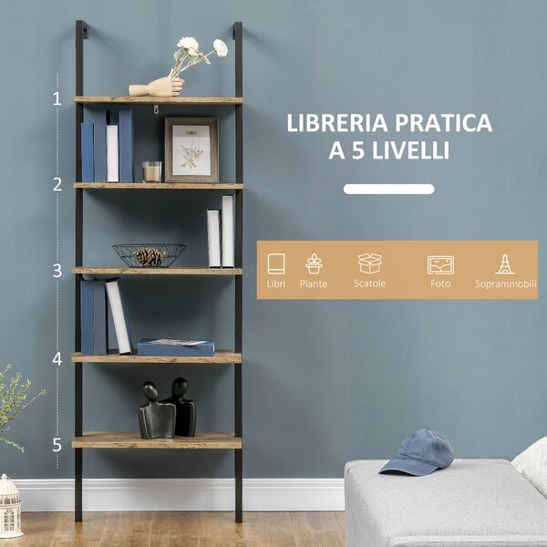 HOMCOM Libreria Moderna a Scala con 5 Ripiani e Dispositivo Antiribaltamento, Design a Muro, in Legno e Metallo, 60x30x184.5 cm, Marrone | Aosom Italy