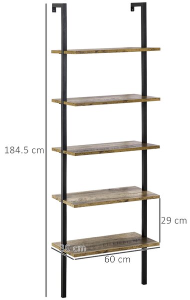 HOMCOM Libreria Moderna a Scala con 5 Ripiani e Dispositivo Antiribaltamento, Design a Muro, in Legno e Metallo, 60x30x184.5 cm, Marrone | Aosom Italy