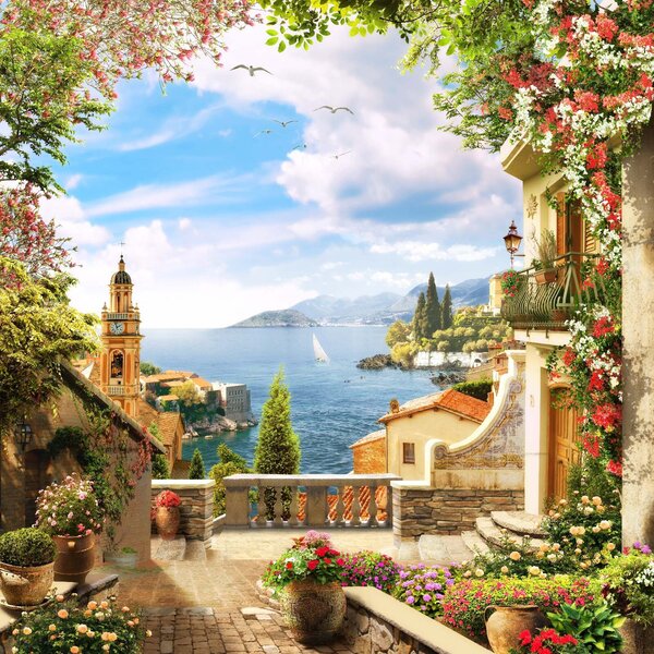 Carta da parati Vista di una città da un balcone, Carta da parati citta, Carta da parati popolare, u68056 - Tapeko.it