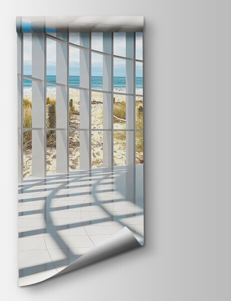 Carta da parati Ampia camera con finestre e vista sulla spiaggia, Carta da parati 3d, Carta da parati popolare, u70513 - Tapeko.it