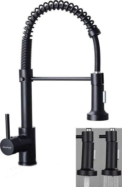 Rubinetto da cucina con doccetta estraibile - interamente in rame - girevole - acqua calda e fredda - H-Mat nero