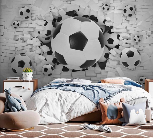 Carta da parati Gruppo di palloni da calcio in un mucchio di mattoni, Carta da parati 3d, Carta da parati popolare, u70633 - Tapeko.it
