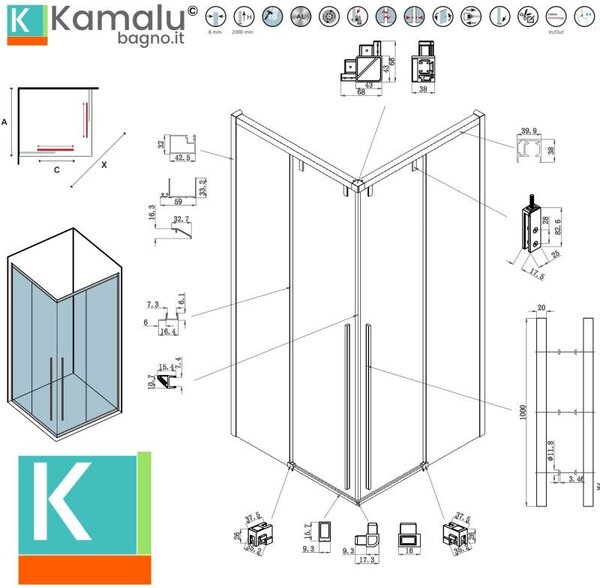 Kamalu box doccia 70x70 colore oro satinato doppio scorrevole vetro 8mm | ksa1000g