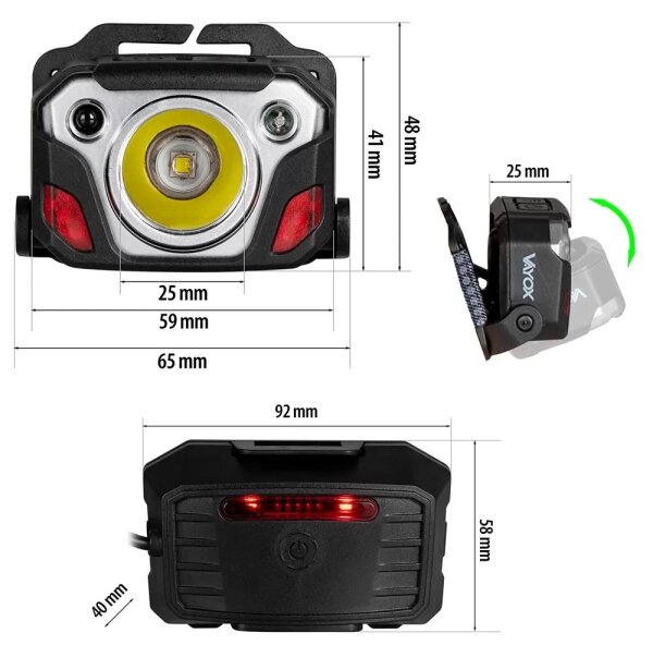Lampada frontale LED ricaricabile sensore 10W 5V IP44 1200 lm 4000 mAh