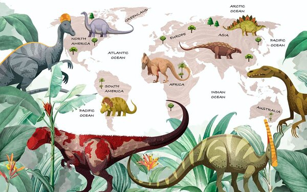 Carta da parati Mappa dei dinosauri con piante e nomi, Carta da parati per Bambini, Carta da parati popolare, u71068v4 - Tapeko.it
