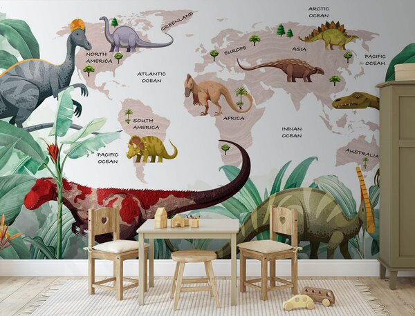 Carta da parati Mappa dei dinosauri con piante e nomi, Carta da parati per Bambini, Carta da parati popolare, u71068v4 - Tapeko.it