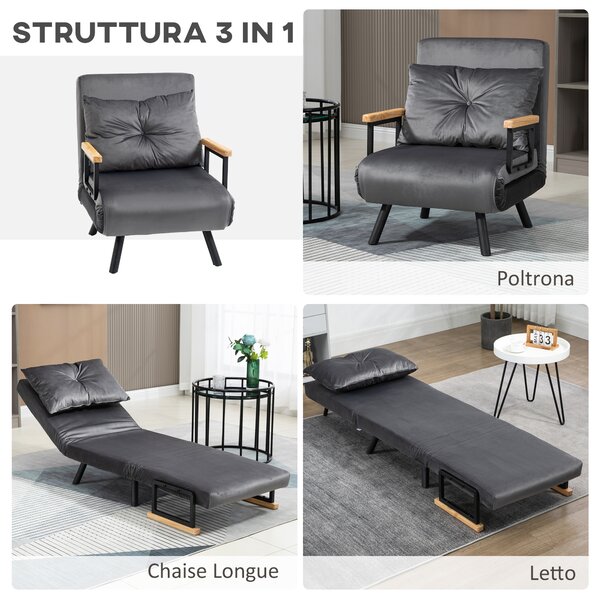 HOMCOM Poltrona Letto Singolo in Tessuto Effetto Velluto Reclinabile in 5 Posizioni con Cuscino Sfoderabile, 63x73x81cm, Grigio Scuro | Aosom Italy