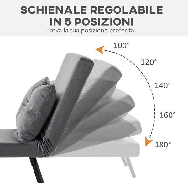 HOMCOM Poltrona Letto Singolo in Tessuto Effetto Velluto Reclinabile in 5 Posizioni con Cuscino Sfoderabile, 63x73x81cm, Grigio Scuro | Aosom Italy
