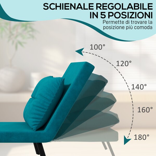 HOMCOM Poltrona Letto Singolo in Tessuto Effetto Velluto Reclinabile in 5 Posizioni con Cuscino Sfoderabile, 63x73x81cm, Blu Scuro | Aosom Italy