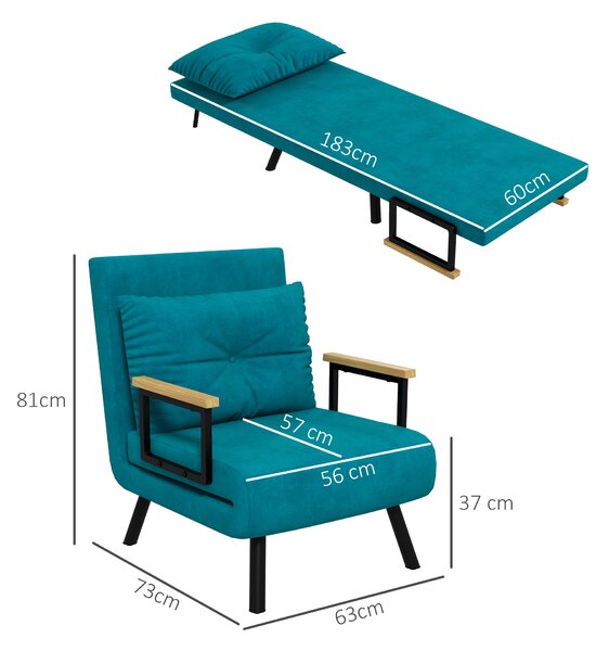 HOMCOM Poltrona Letto Singolo in Tessuto Effetto Velluto Reclinabile in 5 Posizioni con Cuscino Sfoderabile, 63x73x81cm, Blu Scuro | Aosom Italy