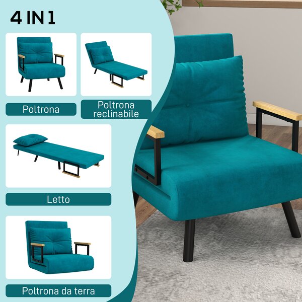 HOMCOM Poltrona Letto Singolo in Tessuto Effetto Velluto Reclinabile in 5 Posizioni con Cuscino Sfoderabile, 63x73x81cm, Blu Scuro | Aosom Italy