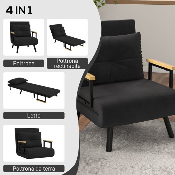 HOMCOM Poltrona Letto 3 in 1 con Schienale Reclinabile in 5 Posizioni e Cuscino, Divano letto con seduta imbottita, 63x73x81 cm, Nero | Aosom Italy