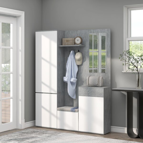HOMCOM Mobile multiuso da Ingresso 4 in 1 con Specchio, Ganci e Ripiani Interni, in Legno e truciolato, 145x29x184 cm, Grigio e Bianco | Aosom Italy