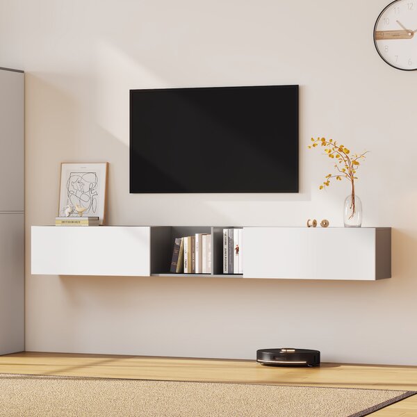 Mobiletto Porta TV Sospeso Extra-Large con 2 Ante e 2 Ripiani Aperti, Sistema Push-to-Open, Supporta TV fino a 90 Pollici, 220x35x30 cm, Bianco