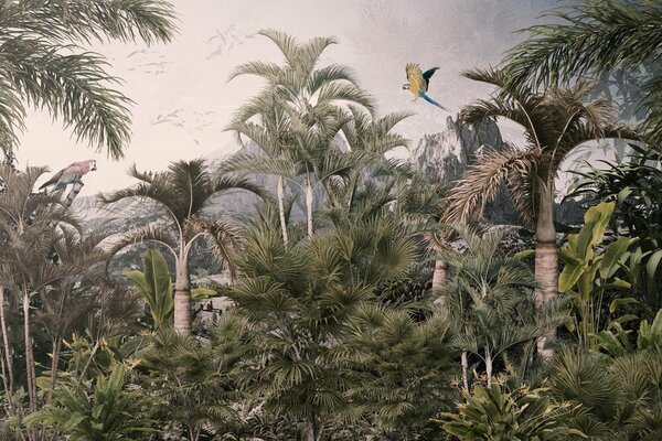 Carta da parati Foresta tropicale con palme e un uccello in volo, Carta da parati Giungla, Carta da parati popolare, u72413 - Tapeko.it