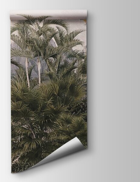 Carta da parati Foresta tropicale con palme e un uccello in volo, Carta da parati Giungla, Carta da parati popolare, u72413 - Tapeko.it