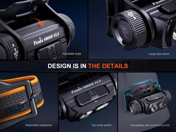 Fenix HM60RV20 - Lampada frontale a LED ricaricabile dimmerabile, ricarica USB, 4000 mAh, IP68, 1600 lm, autonomia fino a 292 h, arancione