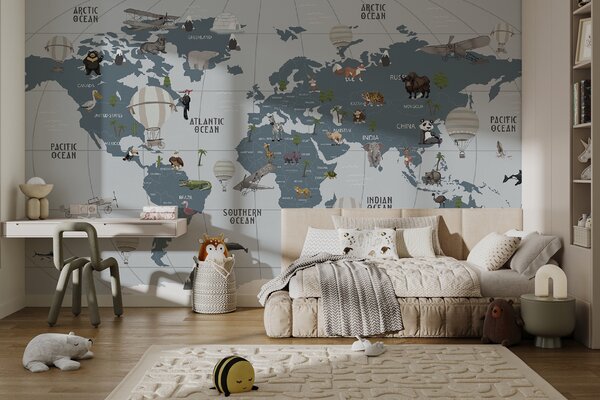 Carta da parati Mappa del mondo con animali, Carta da parati per Bambini, Carta da parati popolare, u72588 - Tapeko.it