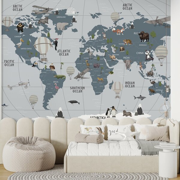 Carta da parati Mappa del mondo con animali, Carta da parati per Bambini, Carta da parati popolare, u72588 - Tapeko.it