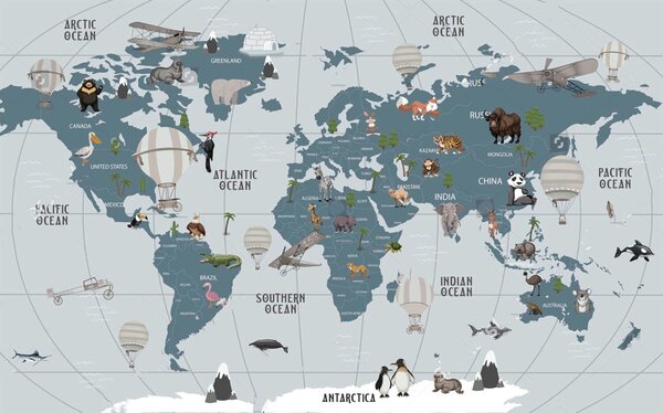 Carta da parati Mappa del mondo con animali, Carta da parati per Bambini, Carta da parati popolare, u72588 - Tapeko.it