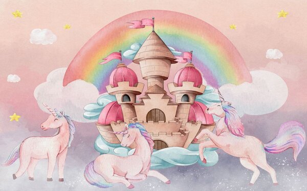 Carta da parati Unicorni e un castello, Carta da parati per Bambini, Carta da parati popolare, u72545 - Tapeko.it