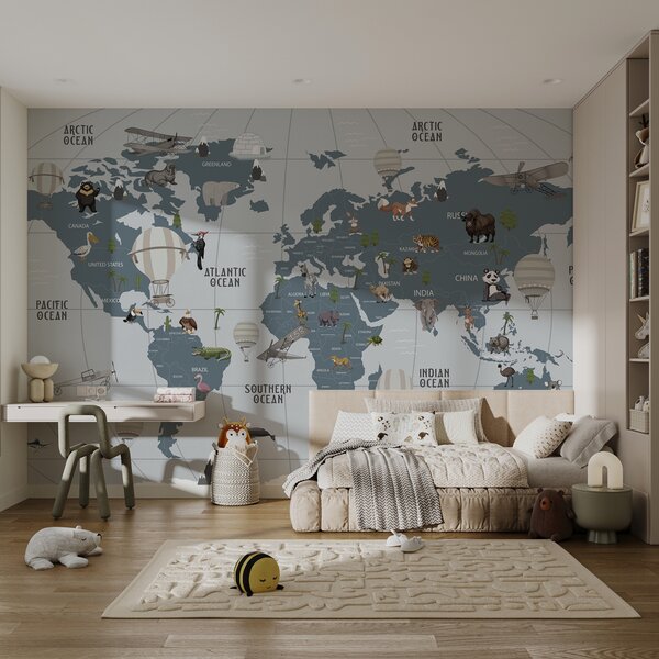 Carta da parati Mappa del mondo con animali, Carta da parati per Bambini, Carta da parati popolare, u72588 - Tapeko.it