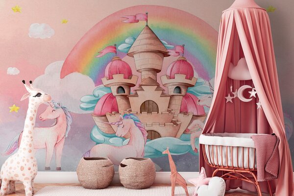 Carta da parati Unicorni e un castello, Carta da parati per Bambini, Carta da parati popolare, u72545 - Tapeko.it