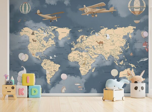 Carta da parati Mappa del mondo con aeroplani e palloncini, Carta da parati per Bambini, Carta da parati popolare, u72590 - Tapeko.it