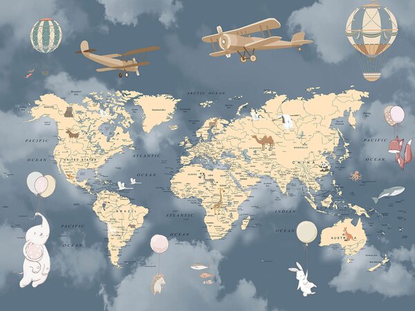 Carta da parati Mappa del mondo con aeroplani e palloncini, Carta da parati per Bambini, Carta da parati popolare, u72590 - Tapeko.it