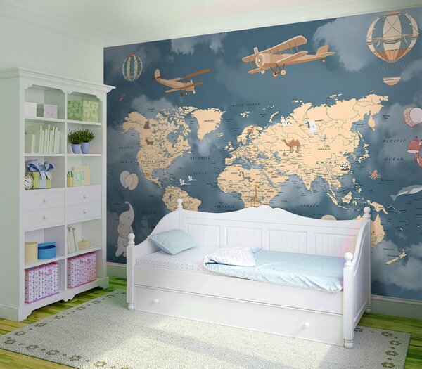 Carta da parati Mappa del mondo con aeroplani e palloncini, Carta da parati per Bambini, Carta da parati popolare, u72590 - Tapeko.it