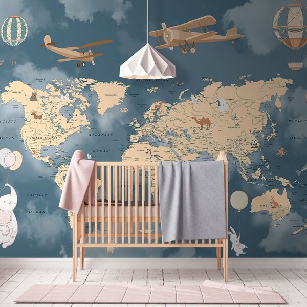Carta da parati Mappa del mondo con aeroplani e palloncini, Carta da parati per Bambini, Carta da parati popolare, u72590 - Tapeko.it
