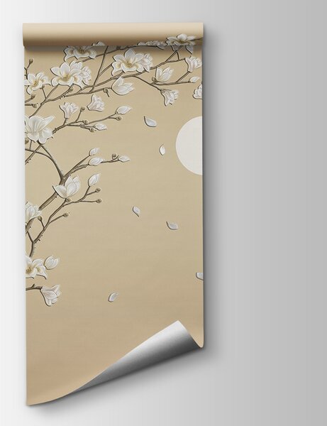 Carta da parati Albero con fiori bianchi e uccelli, Carta da parati Natura, Carta da parati popolare, u72938 - Tapeko.it